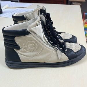 CHANEL Two-Tone Black and Cream High-Top Lace Sneakers